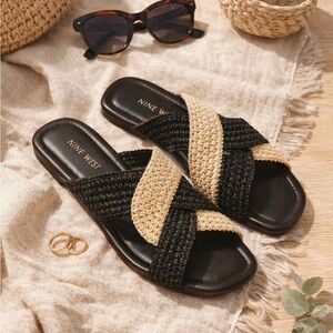 Nine West Quara2 Woven Slide Sandals Size 6 Black Tan Raffia Resort Boho NEW